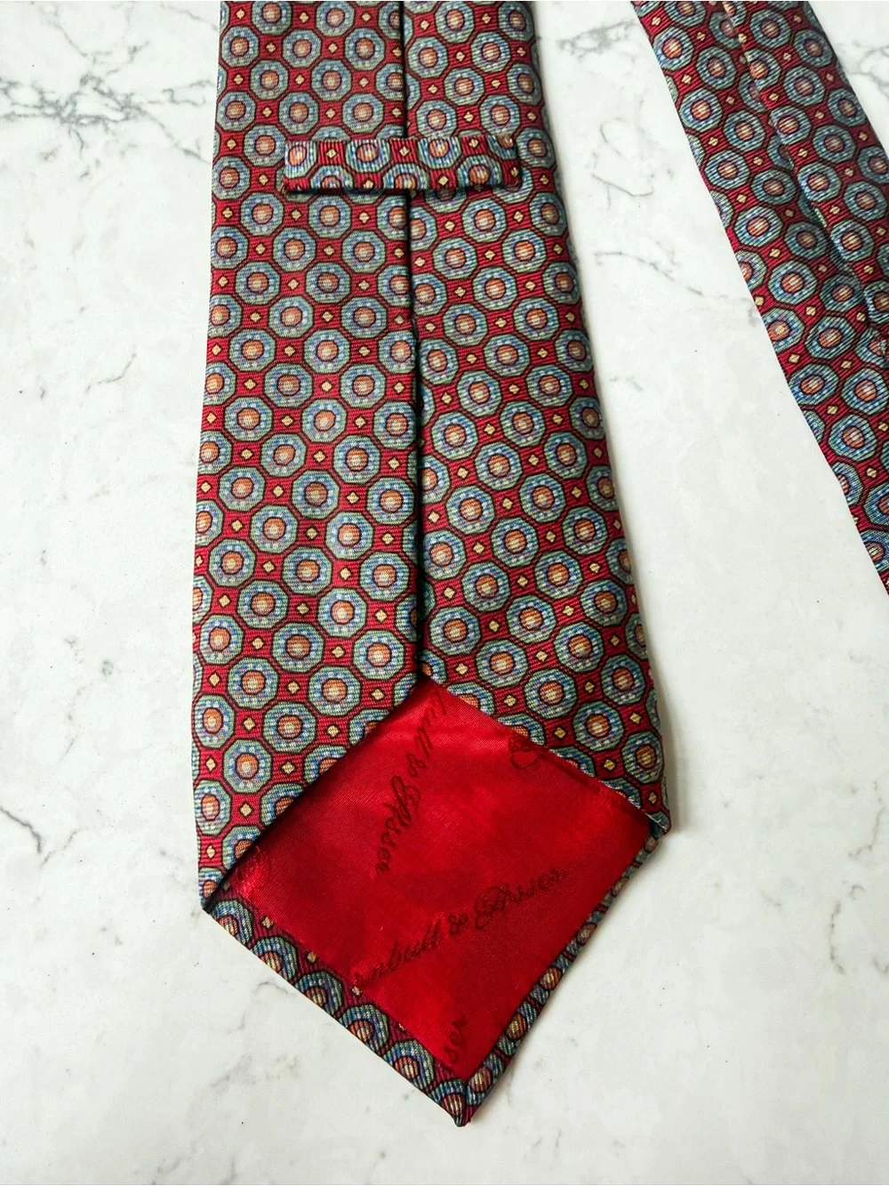 Vintage Turnbull & Asser Red Geometric medallion 100% Silk Tie 3.75” 5.5”
